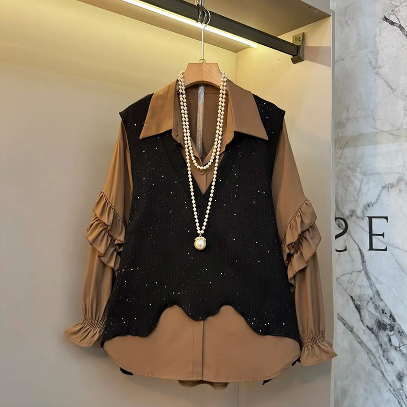 翻领微喇袖口衬衫两件套V领马甲