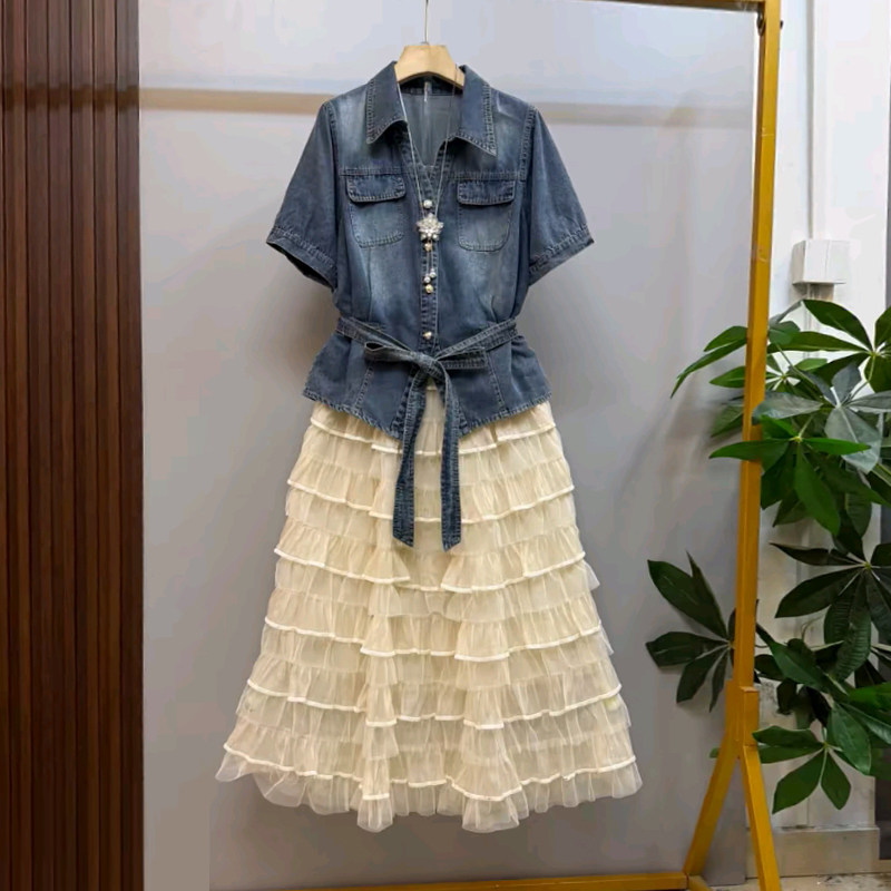 加大码女装翻领短袖腰带牛仔上衣胖妹妹夏季款气质网纱蛋糕半身裙