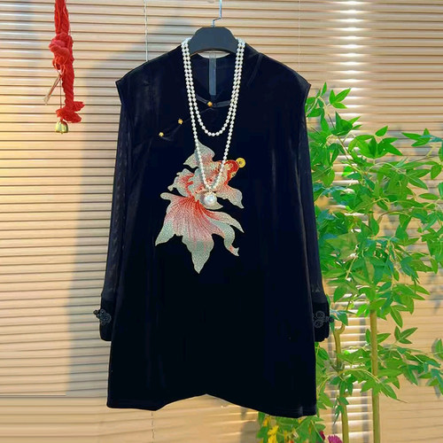 立领斜襟丝绒马甲裙盘扣袖口小衫