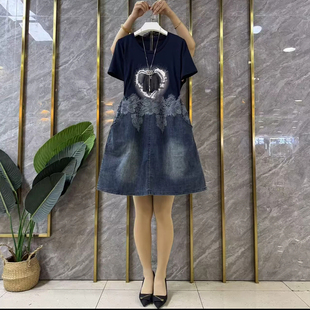 加大码女装拼牛仔裙摆短袖收腰连衣裙胖妹妹欧洲站夏季款休闲裙子