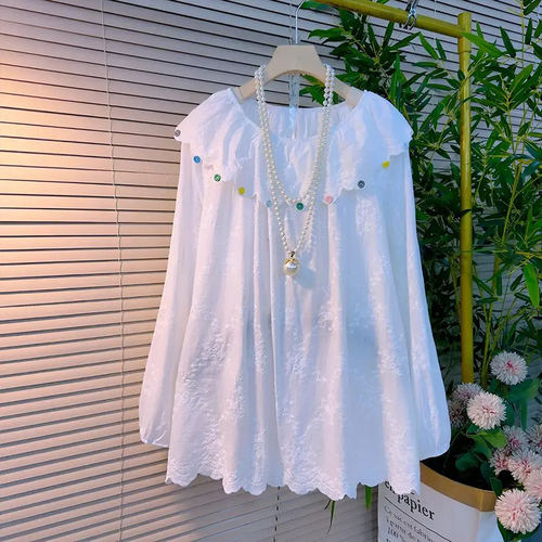 彩色纽扣娃娃领长袖上衣