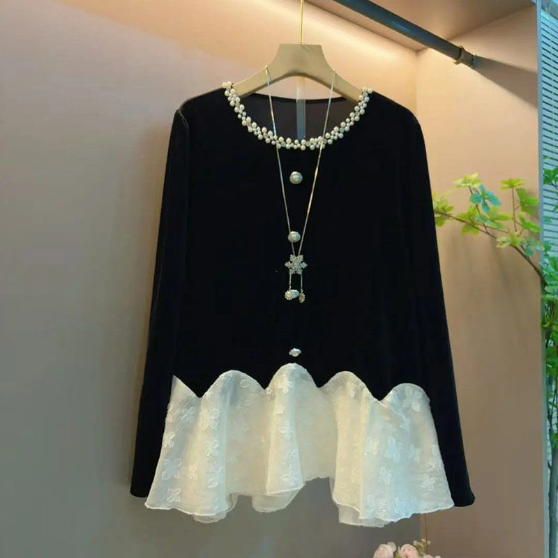 大码女装钉珠领底摆上衣宽松遮肚子胖妹妹韩版减龄设计感百搭小衫,女装/女士精品,大码内搭,淘宝优惠券,粉丝福利购,淘宝优惠卷