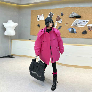 加肥女连帽拉链长袖冲锋衣棉服胖妹妹冬季中长款百搭简约显瘦外套
