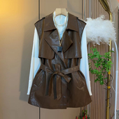 翻领腰带PU皮马甲复古英伦宽松显瘦胖妹妹百搭休闲打底衫 大码 女装