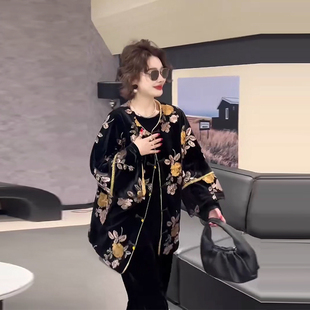 女装 款 亮片花长袖 冬季 上衣 盘扣棉服外套胖妹妹复古风时尚 加肥大码
