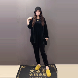 黑色显瘦宽松遮胯松紧腰束脚裤 女装 子 丝绒上衣大码 胖妹妹圆领长袖