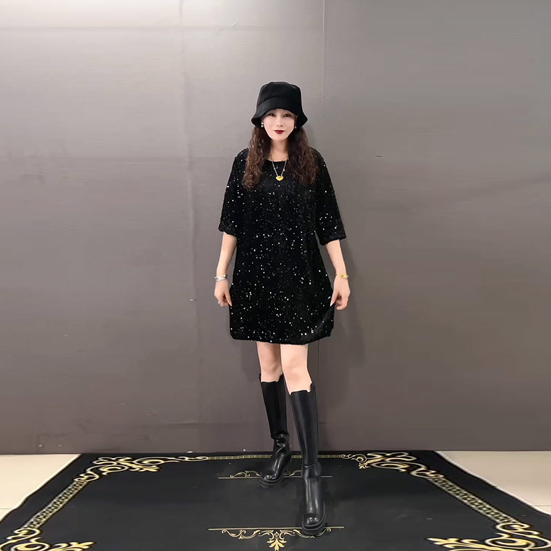 胖妹妹圆领短袖亮片T恤裙宽松遮肚子大码女装秋冬款轻熟风连衣裙