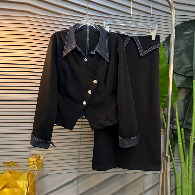 拼色翻领斜襟纽扣长袖上衣半身裙大码女装气质显瘦洋气两件套,女装/女士精品,大码套装,淘宝优惠券,粉丝福利购,淘宝优惠卷