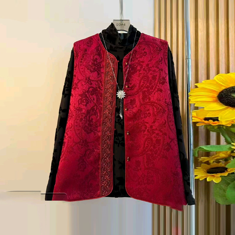 高领暗花小衫钉珠前襟花纹马甲