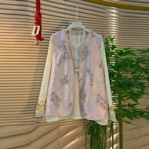 圆领长袖暗花小衫亮钻花国风马甲