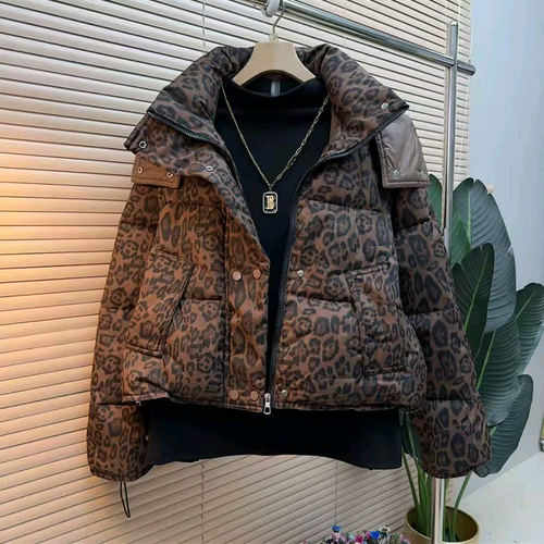 大码女装连帽长袖豹纹棉服