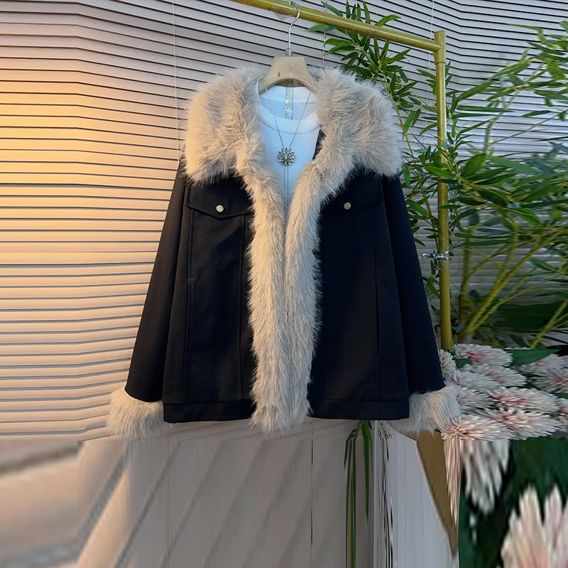 大码女装毛毛翻领长袖外套