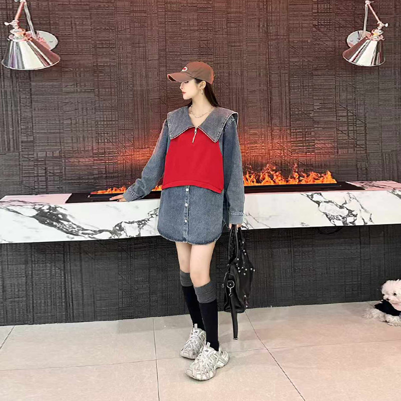 大码女装披肩领拼色牛仔上衣宽松遮肚子欧洲站减龄学院风加肥外套,女装/女士精品,大码内搭,淘宝优惠券,粉丝福利购,淘宝优惠卷