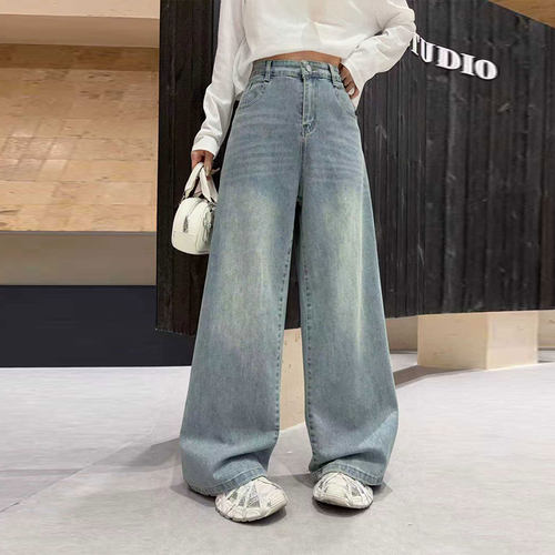 后腰松紧腰阔腿牛仔长裤