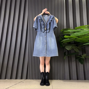 大码女装V领荷叶边短袖收腰牛仔连衣裙胖MM夏季款欧货洋气休闲裙