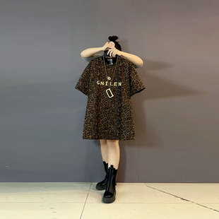 百搭宽松遮肚子T恤衫 胖妹妹短袖 欧洲站时尚 女装 豹纹字母上衣大码