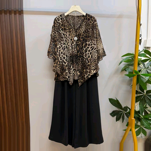 V领轻熟风上衣胖妹妹黑色显瘦宽松遮胯松紧腰阔腿裤 子 女装 加大码