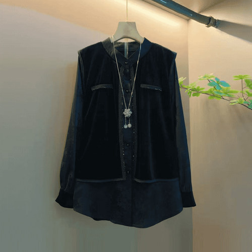 胖妹妹拼色马甲假两件上衣