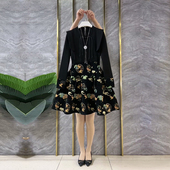 气质轻熟风显瘦裙子 女装 收腰连衣裙大码 法式 胖妹妹拼花朵裙摆长袖