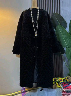 大码女装V领长款丝绒棉服大衣