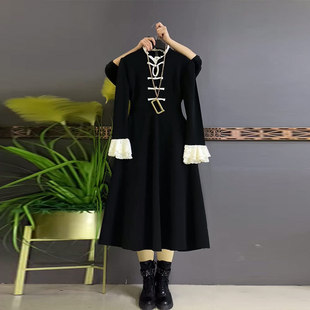 加肥盘扣立领拼色蕾丝袖 气质显瘦复古风裙子 口连衣裙胖妹妹中长款