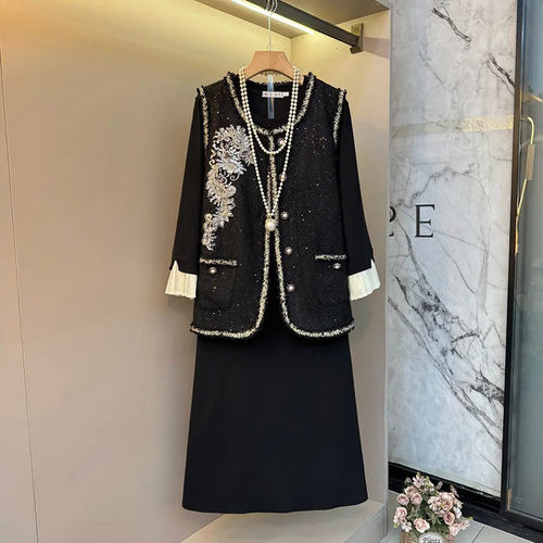 长袖连衣裙重工亮片花朵马甲