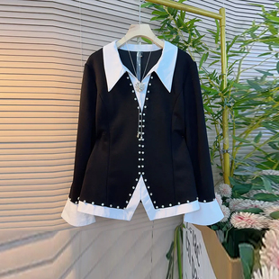 拼色衬衫 简约通勤小衫 领长袖 女装 假两件上衣加肥大码 胖妹妹秋冬款