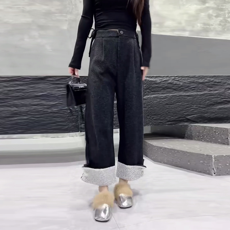 拼色盘扣挽脚直筒裤子