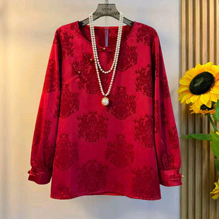 加肥洋气圆领斜盘扣花朵上衣宽松遮肚子大码女装新中式秋季款小衫