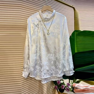大码 打底衫 女装 复古风长袖 加肥洋气减龄立领盘扣暗花上衣 时尚 法式