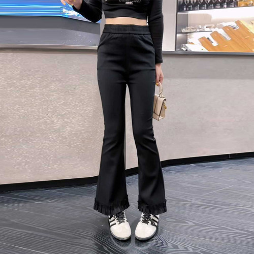 大码荷叶边裤脚微喇裤子