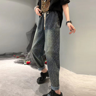 加大码女装松紧腰系带亮钻牛仔裤胖妹妹欧货百搭休闲秋季款老爹裤