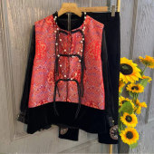 简约百搭打底上衣潮 盘扣拼接撞色马甲胖妹妹暗花长袖 加肥大码 女装