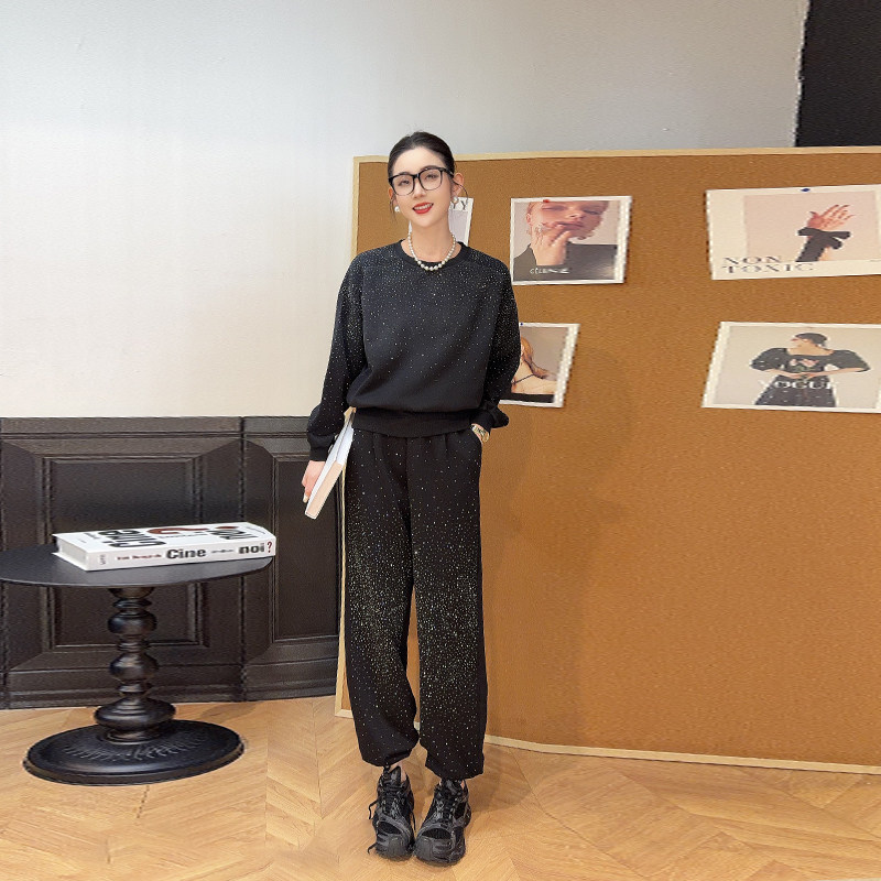 加肥圆领长袖亮钻上衣松紧腰阔腿长裤胖MM韩版气质显瘦休闲两件套,女装/女士精品,大码套装,淘宝优惠券,粉丝福利购,淘宝优惠卷