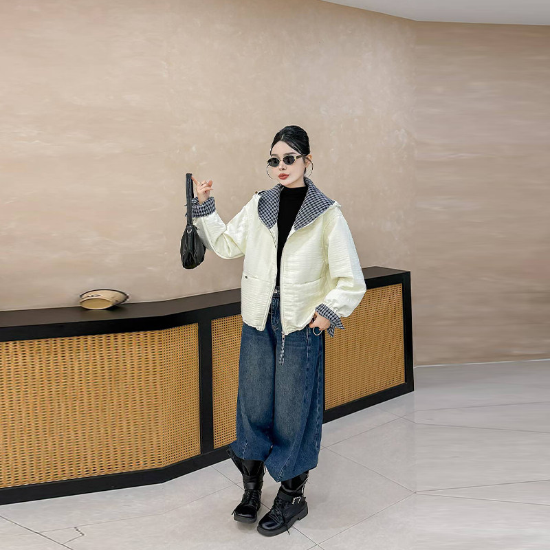 胖妹妹格子连帽长袖二棉棉服韩版大码女装秋季款百搭轻薄夹棉外套