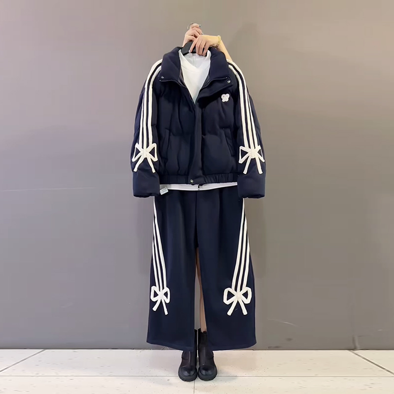 松紧腰蝴蝶结裤子翻领拉链上衣