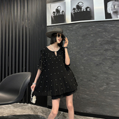 女装 黑色显瘦百搭T恤衫 领边镂空钉珠短袖 款 上衣胖妹妹夏季 加大码