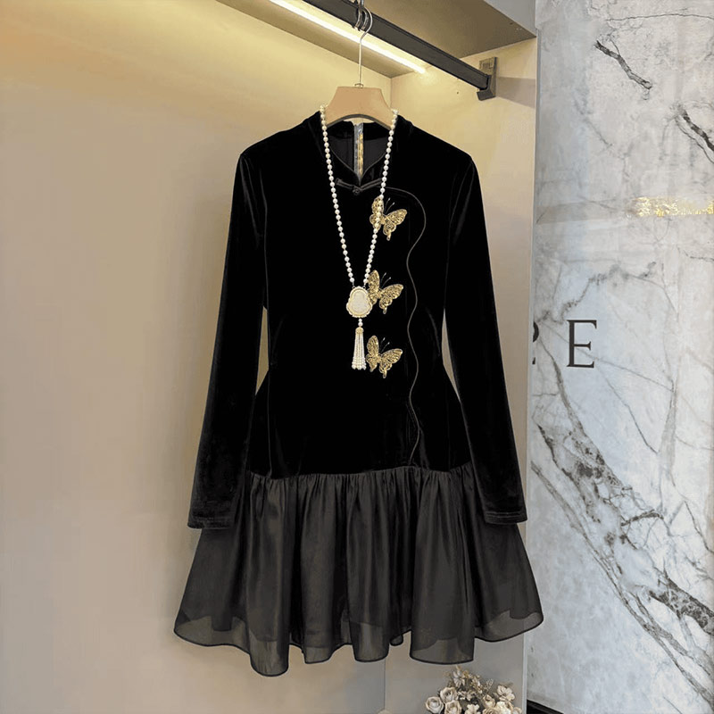 立领盘扣拼接裙摆丝绒连衣裙