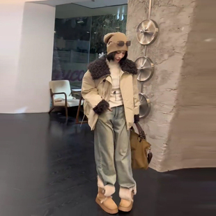 宽松遮肚子百搭冬季 胖妹妹羊羔毛翻领长袖 韩版 女装 棉服 棉外套大码