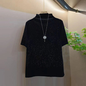 胖妹妹高领短袖 百搭显瘦休闲打底衫 亮钻满天星上衣加肥韩版 秋冬款