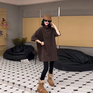 大衫 净版 大码 女装 百搭宽松上衣 韩版 纯色简约秋冬款 胖妹妹高领短袖