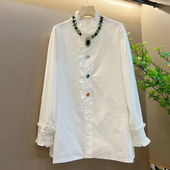 大码 胖妹妹气质轻熟风纯色简约百搭上衣 衬衫 女装 立领重工烫钻长袖