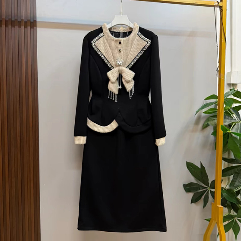 加肥女拼色领长袖上衣半身裙胖妹妹气质通勤风黑色洋气显瘦两件套,女装/女士精品,大码套装,淘宝优惠券,粉丝福利购,淘宝优惠卷