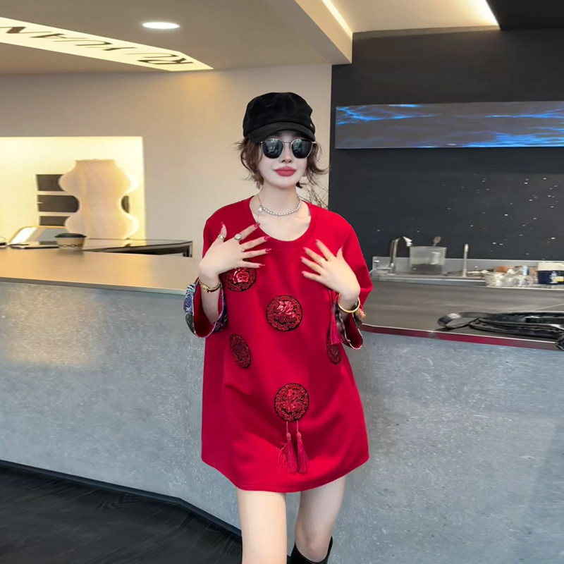 流苏圆圈图案七分袖上衣