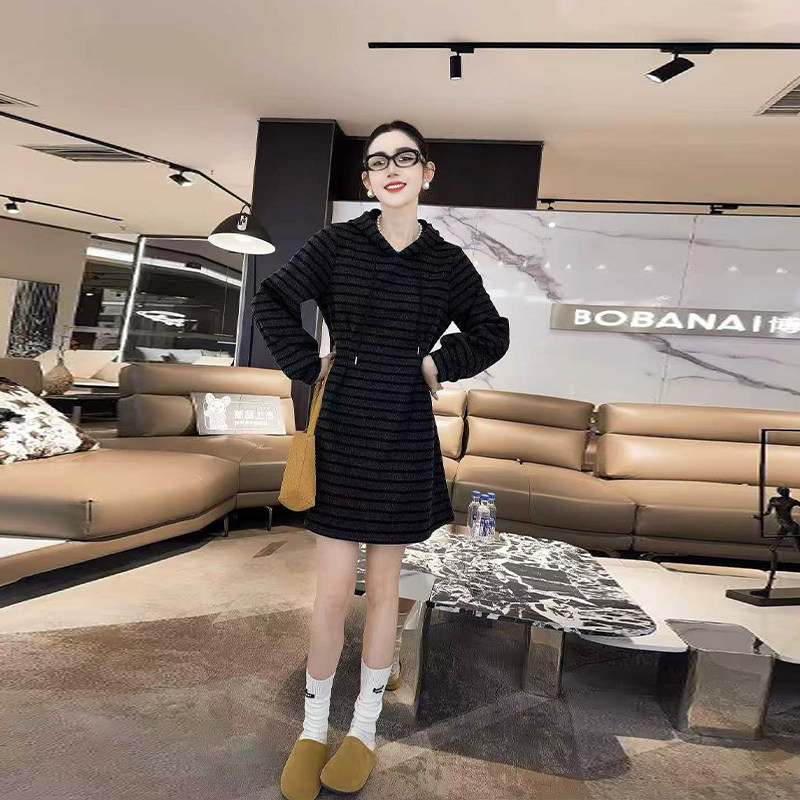 加肥大码女装连帽长袖收腰条纹连衣裙胖妹妹中长款显瘦减龄休闲裙,女装/女士精品,大码连衣裙,淘宝优惠券,粉丝福利购,淘宝优惠卷
