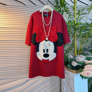 大码女装亮钻植绒卡通图案短袖上衣胖MM韩版学院风减龄休闲T恤衫