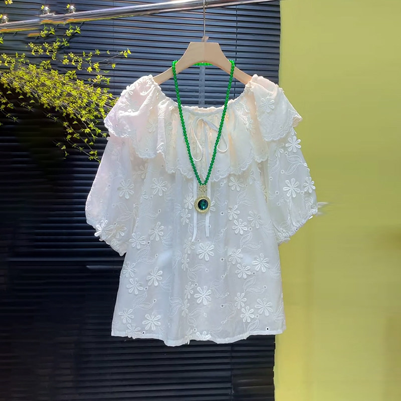 大码女装披肩领短袖花朵上衣胖妹妹白色小清新减龄百搭淑女风小衫