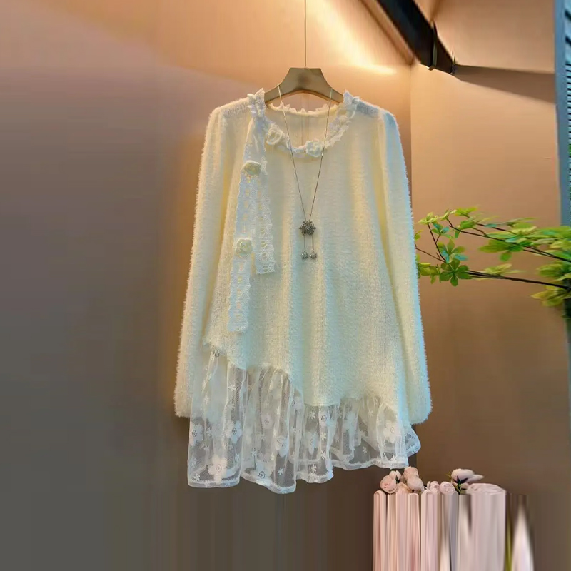 大码女装拼蕾丝底摆长袖小衫-