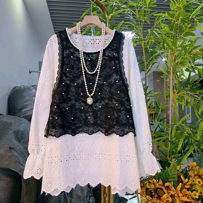 大码女装拼色马甲长袖蕾丝小衫