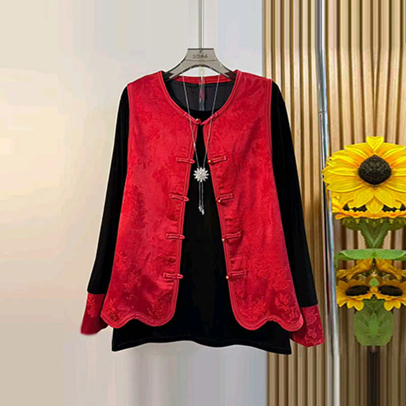 加肥两件套圆领盘扣暗花马甲拼色袖口小衫大码女装复古风时尚套装,女装/女士精品,大码套装,淘宝优惠券,粉丝福利购,淘宝优惠卷